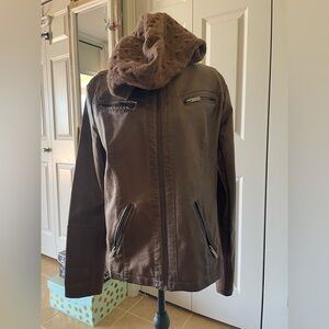 Sebby | Zip Front Faux Leather Biker Jacket. Removeable Hood. Size Large.